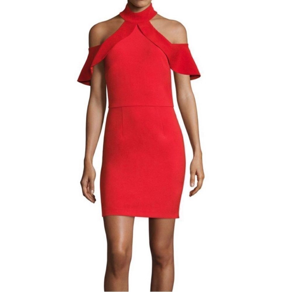 Alice + Olivia ebony cold shoulder choker dress cherry red size 4 fairy flutter
